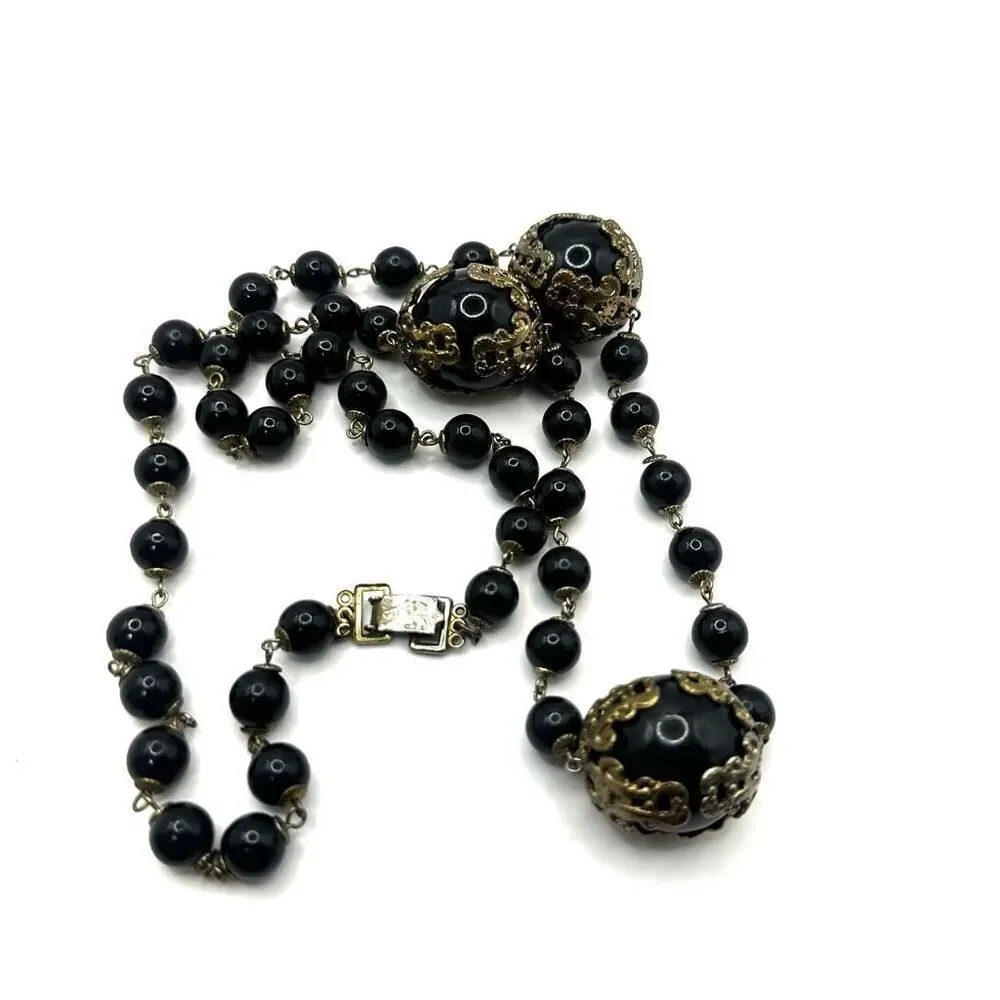 Vintage long black beaded necklace